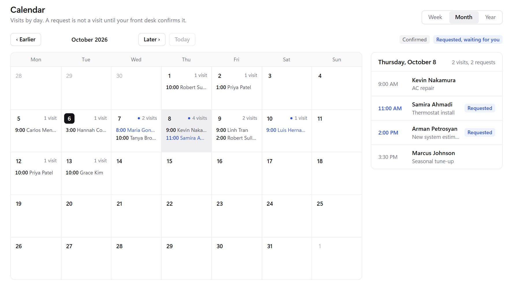 Sample screen of the VVIP Hub: the calendar by month, with confirmed visits and requests waiting.