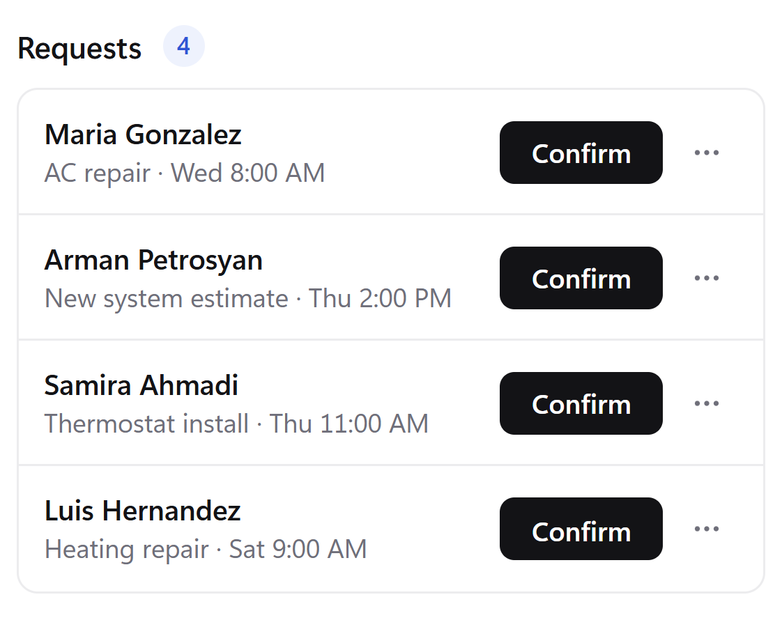 Sample screen: the Hub's list of requests, each with a Confirm button. Demo data.