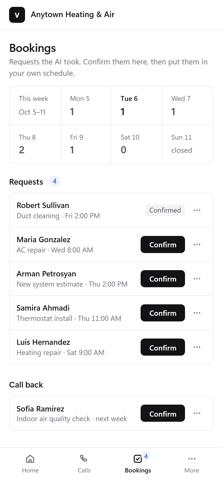 Sample screen on a phone: requests the AI took, each with a Confirm button.