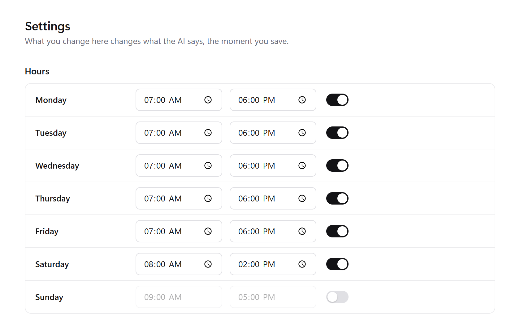 Sample screen: the hours the AI front desk tells callers, one row per day.