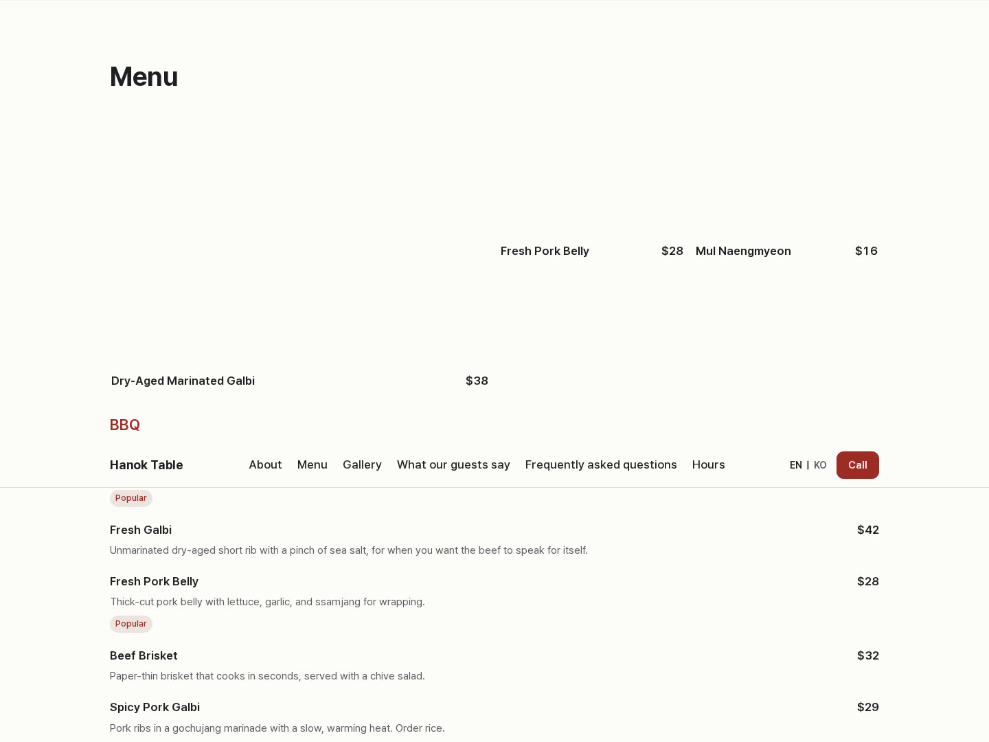 Sample site, menu with prices