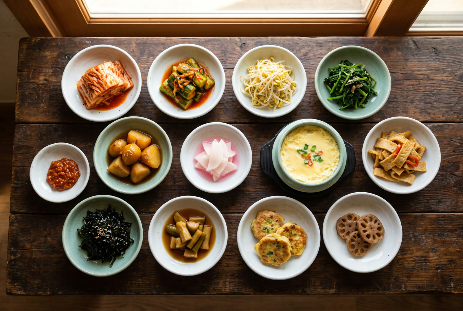 Overhead view of twelve house-made banchan side dishes