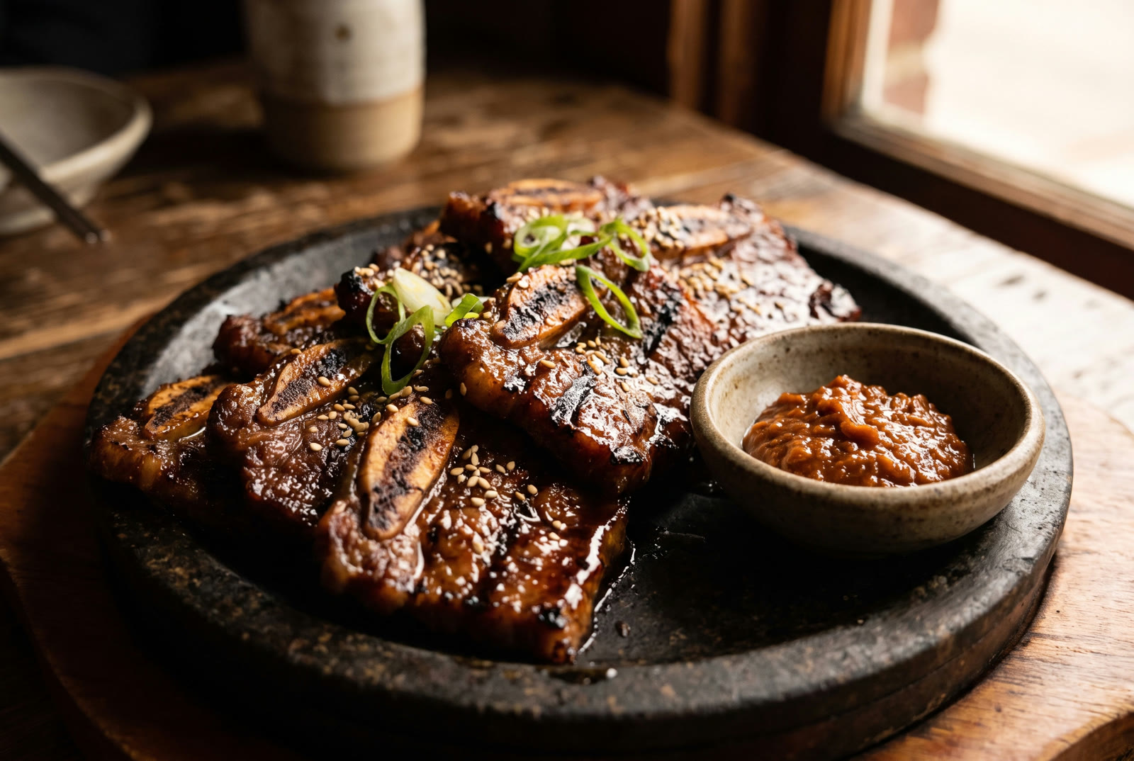 Dry-aged galbi plated on a stone plate